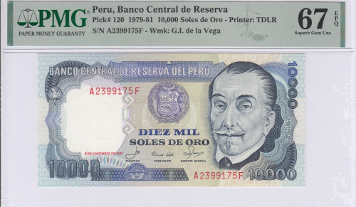 Peru 10,000 Soles de Oro 1981 P120 PMG67 EPQ