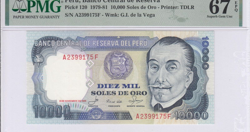 Peru 10,000 Soles de Oro 1981 P120 PMG67 EPQ Peru 10,000 Soles de Oro 1981 P120 PMG67 EPQ