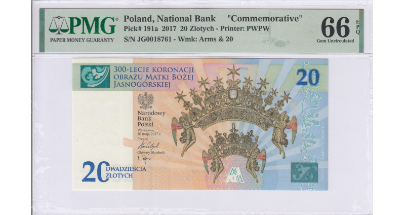 Poland 20 Zlotych 10.5.2017 P191a PMG66 EPQ Poland 20 Zlotych 10.5.2017 P191a PMG66 EPQ