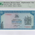 Rhodesia 1 Dollar s18.4.1978 P34c* PMG67 EPQ "Replacement" Rhodesia 1 Dollar s18.4.1978 P34c* PMG67 EPQ "Replacement"