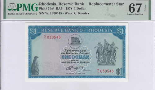 Rhodesia 1 Dollar s18.4.1978 P34c* PMG67 EPQ  "Replacement"