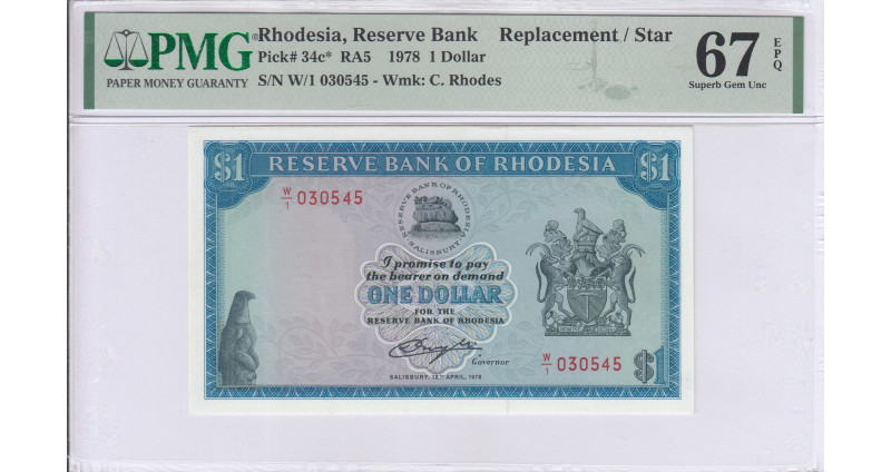 Rhodesia 1 Dollar s18.4.1978 P34c* PMG67 EPQ  Replacement