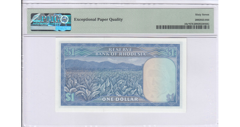 Rhodesia 1 Dollar s18.4.1978 P34c* PMG67 EPQ Replacement Rhodesia 1 Dollar s18.4.1978 P34c* PMG67 EPQ Replacement
