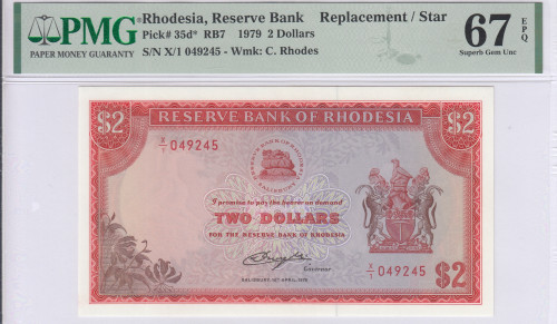Rhodesia 2 Dollars 10.4.1979 P35d* PMG67 EPQ  "Replacement"