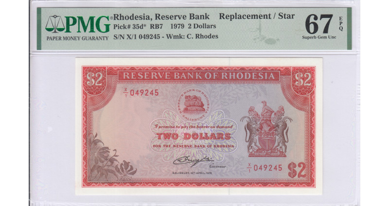 Rhodesia 2 Dollars 10.4.1979 P35d* PMG67 EPQ  Replacement