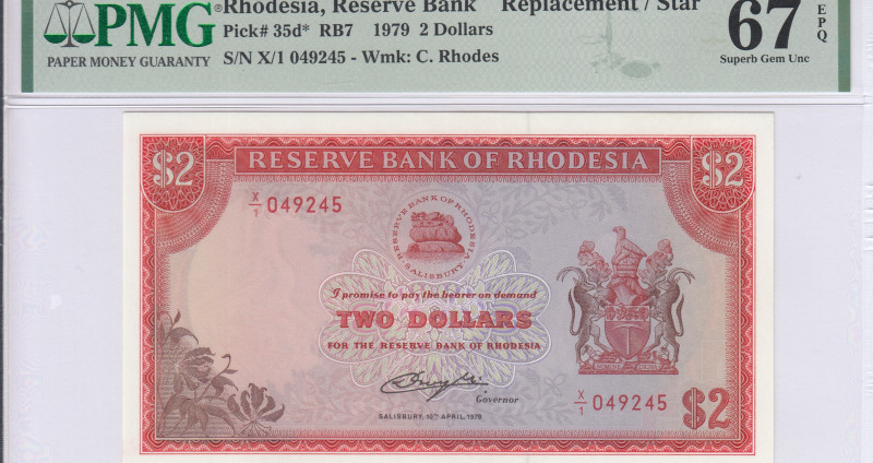 Rhodesia 2 Dollars 10.4.1979 P35d* PMG67 EPQ "Replacement" Rhodesia 2 Dollars 10.4.1979 P35d* PMG67 EPQ "Replacement"