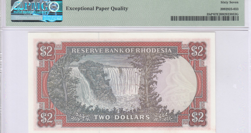 Rhodesia 2 Dollars 10.4.1979 P35d* PMG67 EPQ "Replacement" Rhodesia 2 Dollars 10.4.1979 P35d* PMG67 EPQ "Replacement"
