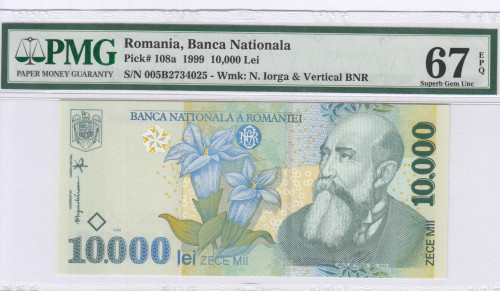 Romania 10000 Lei 1999 P108a PMG67 EPQ