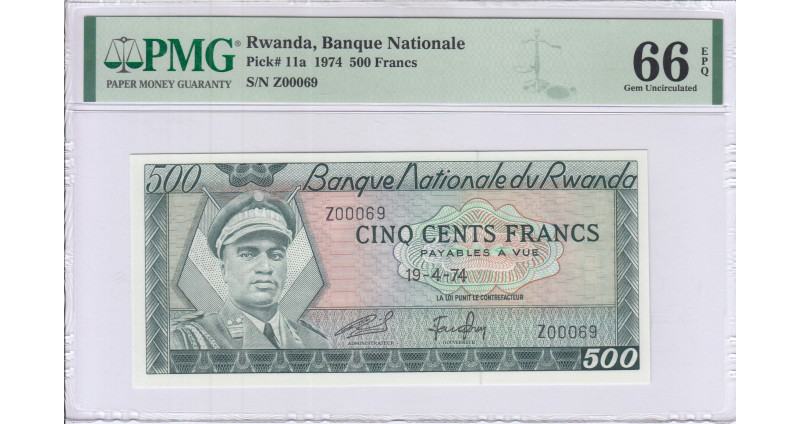 Rwanda 500 Francs 19.4.1974 P11a PMG66 EPQ Rwanda 500 Francs 19.4.1974 P11a PMG66 EPQ