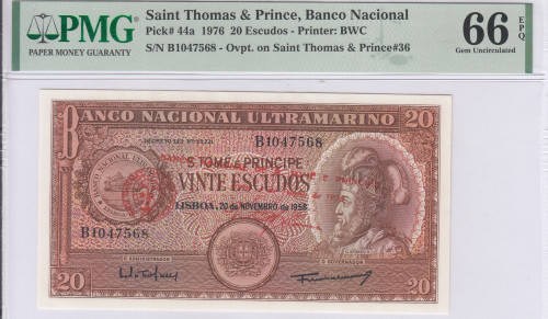 Saint Thomas & Prince 20 Escudos 20.11.1958 P44a PMG66 EPQ