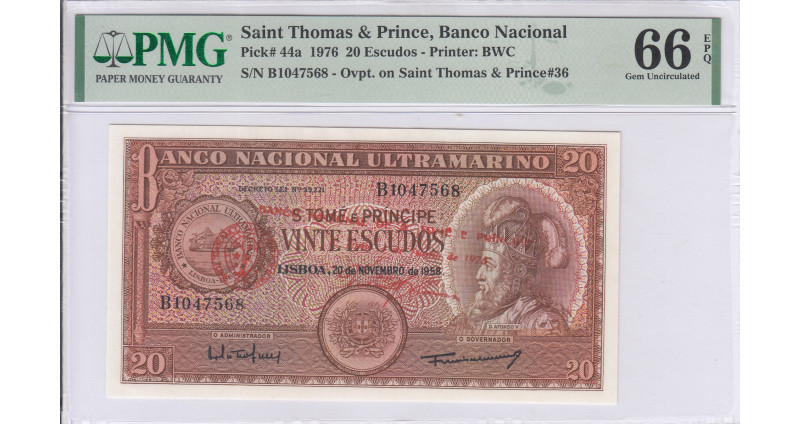 Saint Thomas & Prince 20 Escudos 20.11.1958 P44a PMG66 EPQ