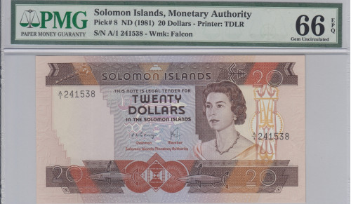 Solomon Islands 20 Dollars 1981 P-8 PMG66 EPQ (First Prefix)