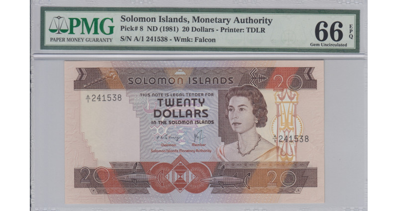 Solomon Islands 20 Dollars 1981 P-8 PMG66 EPQ (First Prefix)