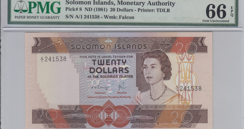 Solomon Islands 20 Dollars 1981 P-8 PMG66 EPQ (First Prefix) Solomon Islands 20 Dollars 1981 P-8 PMG66 EPQ (First Prefix)