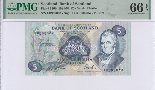 Scotland, Bank of Scotland 5 Pounds 1991-94 P116b PMG66 EPQ