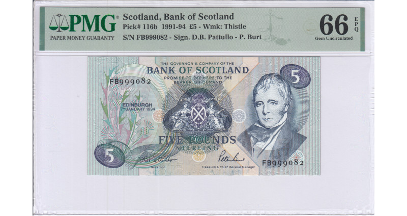 Scotland, Bank of Scotland 5 Pounds 1991-94 P116b PMG66 EPQ Scotland, Bank of Scotland 5 Pounds 1991-94 P116b PMG66 EPQ