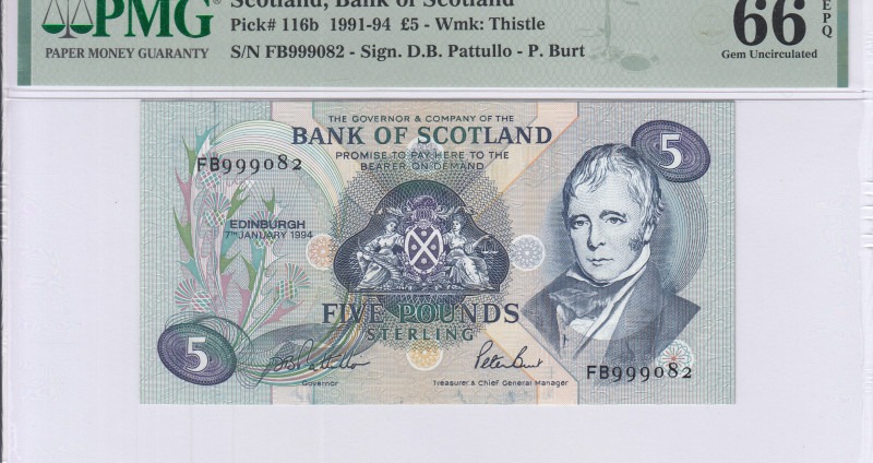 Scotland, Bank of Scotland 5 Pounds 1991-94 P116b PMG66 EPQ Scotland, Bank of Scotland 5 Pounds 1991-94 P116b PMG66 EPQ
