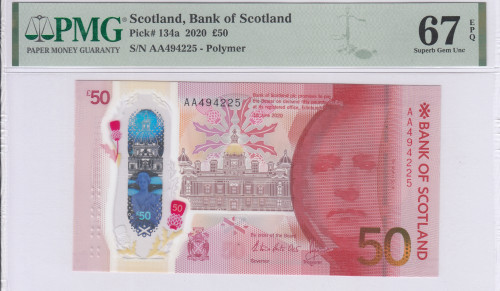 Scotland, Bank of Scotland 50 Pounds 1.6.2020 P134a PMG67 EPQ