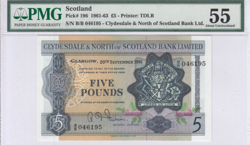 Scotland, Clydesdale & N. of Scotland Bank Ltd. 5 Pounds 20.9.1961 P196 PMG55