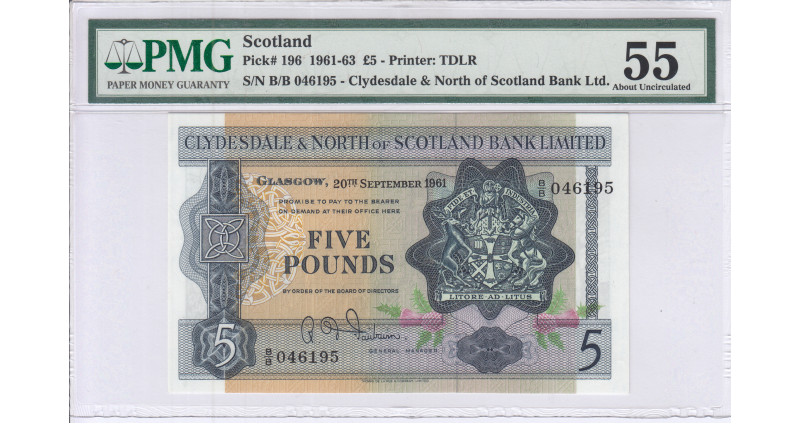 Scotland, Clydesdale & N. of Scotland Bank Ltd. 5 Pounds 20.9.1961 P196 PMG55