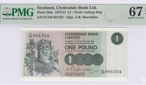 Scotland, Clydesdale Bank 1.3.1977 P204c PMG67 EPQ