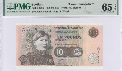 Scotland, Clydesdale Bank 10 Pounds 12.10.1999 P226b PMG65 EPQ