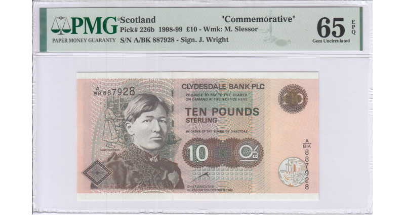 Scotland, Clydesdale Bank 10 Pounds 12.10.1999 P226b PMG65 EPQ