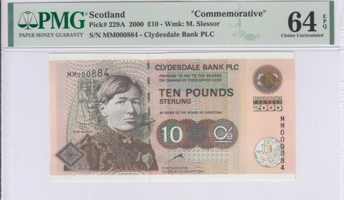Scotland, Clydesdale Bank 10 Pounds 2000 P229A PMG64 EPQ