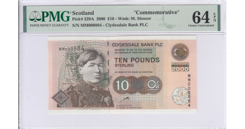 Scotland, Clydesdale Bank 10 Pounds 2000 P229A PMG64 EPQ Scotland, Clydesdale Bank 10 Pounds 2000 P229A PMG64 EPQ