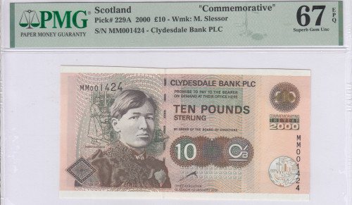 Scotland, Clydesdale Bank  10 Pounds 2000 P229A PMG67 EPQ