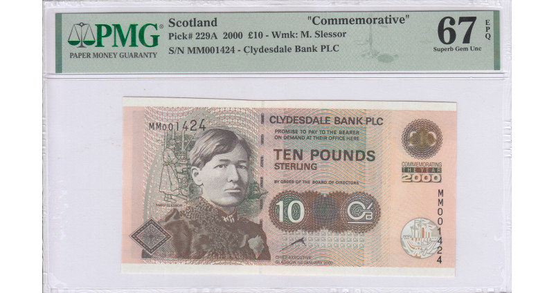 Scotland, Clydesdale Bank  10 Pounds 2000 P229A PMG67 EPQ