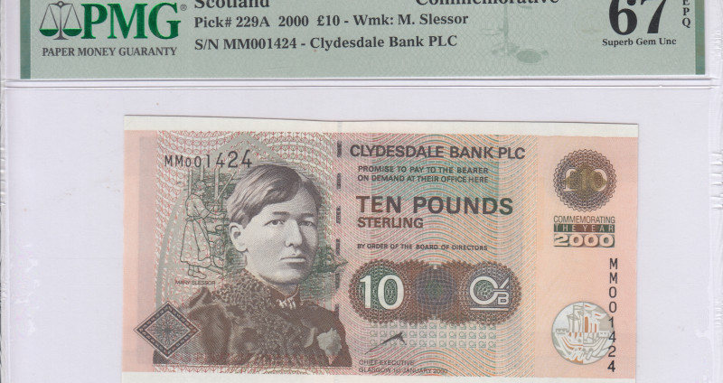 Scotland, Clydesdale Bank 10 Pounds 2000 P229A PMG67 EPQ Scotland, Clydesdale Bank 10 Pounds 2000 P229A PMG67 EPQ