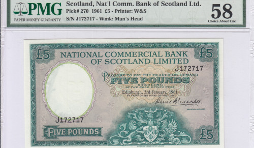 Scotland, Nat'l Comm. Bank of Scotland Ltd. 5 Pounds 3.1.1961 P270 PMG58