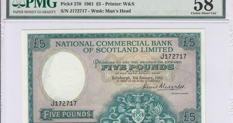 Scotland, Nat'l Comm. Bank of Scotland Ltd. 5 Pounds 3.1.1961 P270 PMG58 Scotland, Nat'l Comm. Bank of Scotland Ltd. 5 Pounds 3.1.1961 P270 PMG58