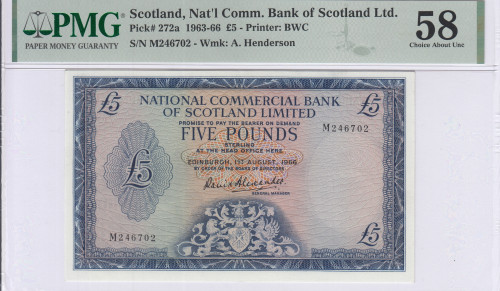 Scotland, Nat'l Comm. Bank of Scotland Ltd. 5 Pounds 1.8.1966 P272a PMG58