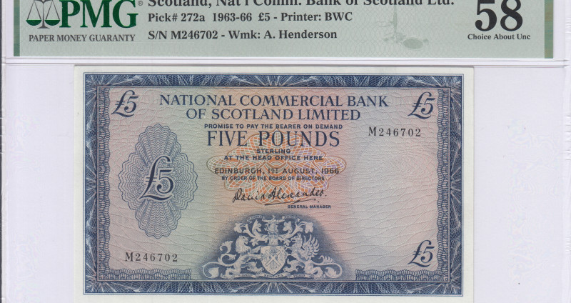 Scotland, Nat'l Comm. Bank of Scotland Ltd. 5 Pounds 1.8.1966 P272a PMG58 Scotland, Nat'l Comm. Bank of Scotland Ltd. 5 Pounds 1.8.1966 P272a PMG58