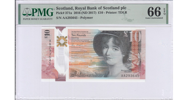 Scotland, Royal Bank of Scotland 10 Pounds 2016 (ND2017) P371a PMG66 EPQ