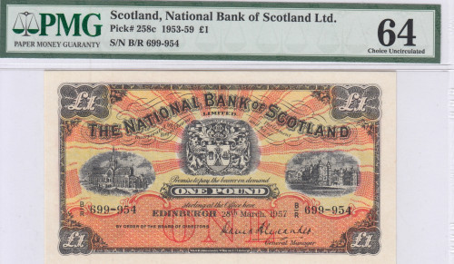 Scotland, National Bank of Scotland Ltd.  1 Pound 28.3.1957 P258c PMG64