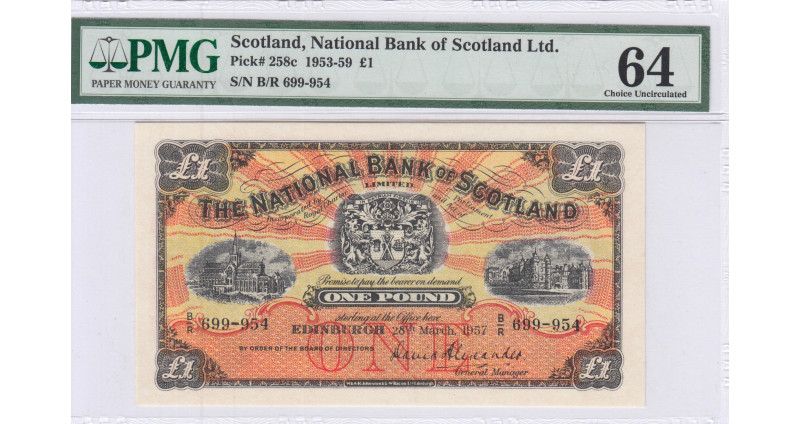 Scotland, National Bank of Scotland Ltd.  1 Pound 28.3.1957 P258c PMG64