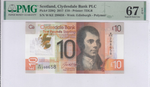 Scotland, Clydesdale Bank 10 Pounds 2017 P229Q PMG67 EPQ