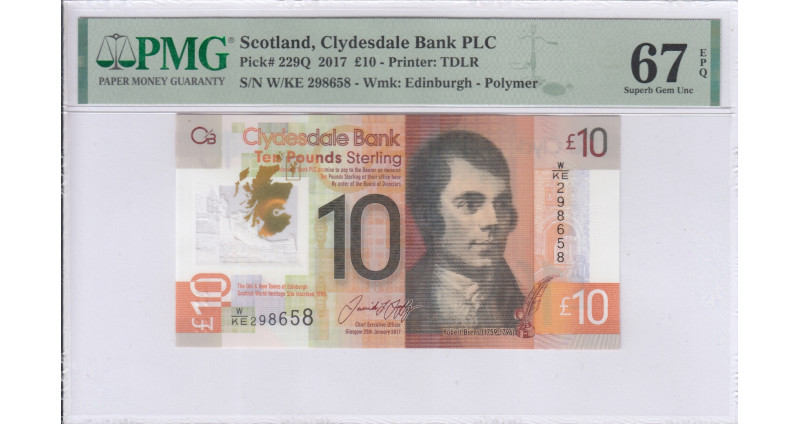 Scotland, Clydesdale Bank 10 Pounds 2017 P229Q PMG67 EPQ Scotland, Clydesdale Bank 10 Pounds 2017 P229Q PMG67 EPQ