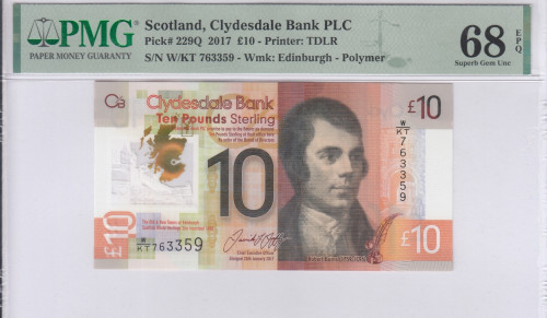 Scotland, Clydesdale Bank 10 Pounds 2017 P229Q PMG68 EPQ
