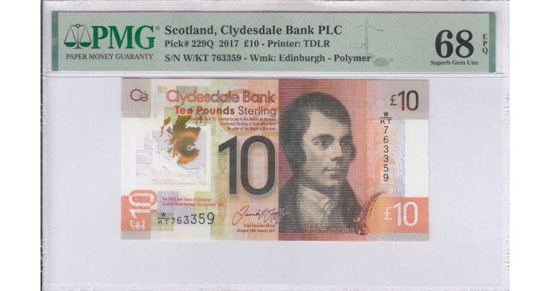 Scotland, Clydesdale Bank 10 Pounds 2017 P229Q PMG68 EPQ
