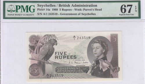 Seycelles 5 Rupees 1.1.1968  P14a PMG67 EPQ