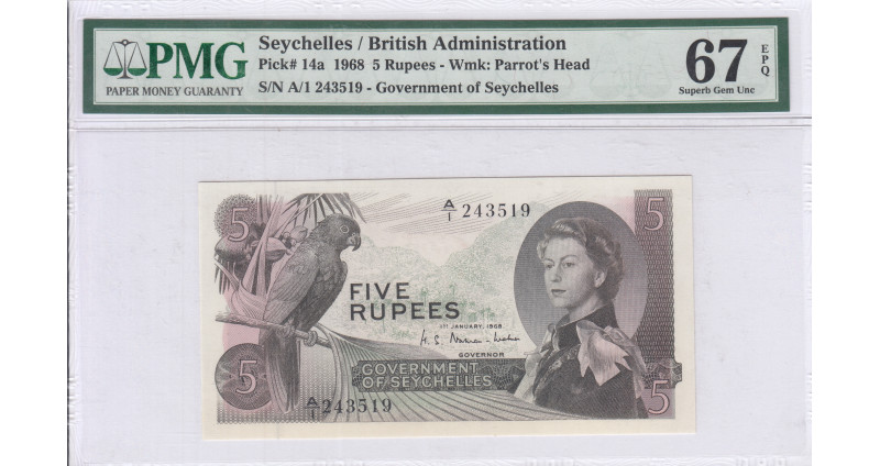 Seycelles 5 Rupees 1.1.1968  P14a PMG67 EPQ