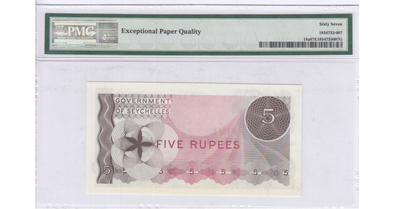 Seycelles 5 Rupees 1.1.1968 P14a PMG67 EPQ Seycelles 5 Rupees 1.1.1968 P14a PMG67 EPQ