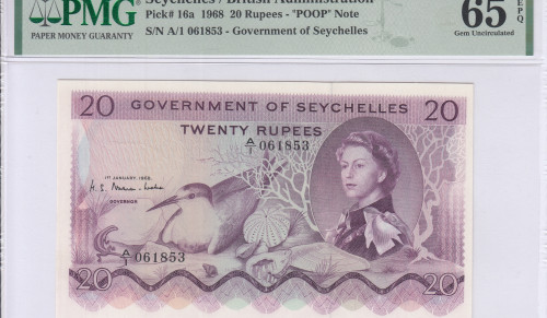 Seycelles 20 Rupees 1.1.1968  P16a PMG65 EPQ