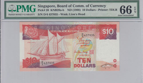 Singapore  10 Dollars 1988 P20 PMG66 EPQ