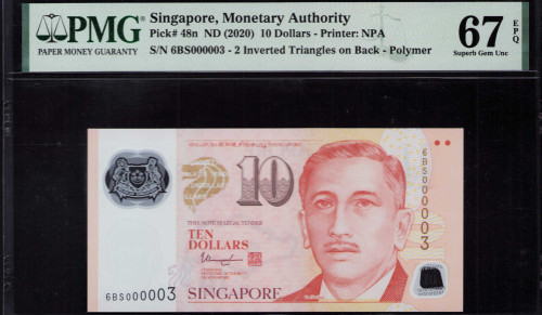Singapore 10 Dollars 2020 P48n PMG67 EPQ 10 Dollars (Low S/N 3)