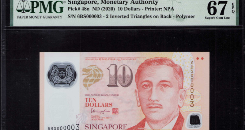Singapore 10 Dollars 2020 P48n PMG67 EPQ 10 Dollars (Low S/N 3) Singapore 10 Dollars 2020 P48n PMG67 EPQ 10 Dollars (Low S/N 3)